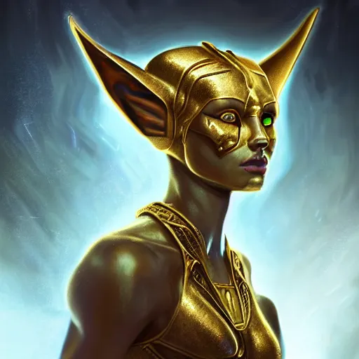 Image similar to riveting charismatic a beautiful female hybrid atlantean anubis alien warrior portrait, atmospheric lighting, painted, intricate, fog, cold, volumetric lighting, beautiful, golden hour, golden ratio, sharp focus, deep colours, ultra detailed, by leesha hannigan, ross tran, thierry doizon, kai carpenter, ignacio fernandez rios