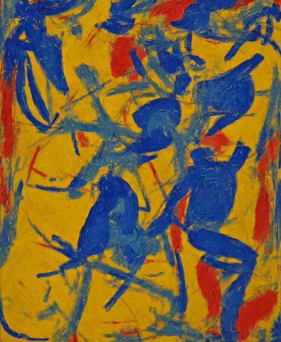 Image similar to a warrior with a blue - yellow flag defeats satan, expressive abstractionism, many small saturated hard relief strokes of oil on canvas with high detail