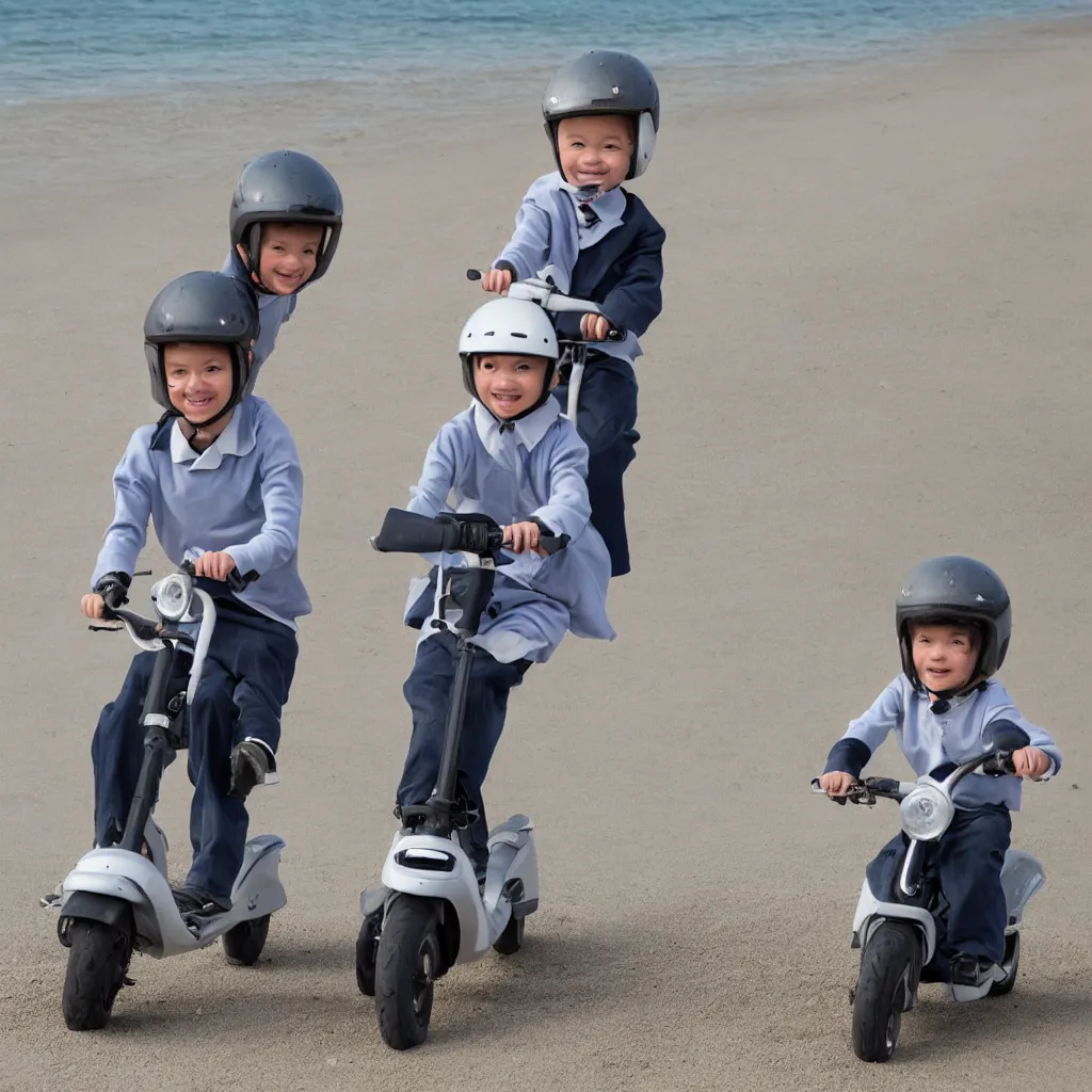 Image similar to very detailed stockphoto of two kids wearing a grey school uniform riding a scooter along the beach