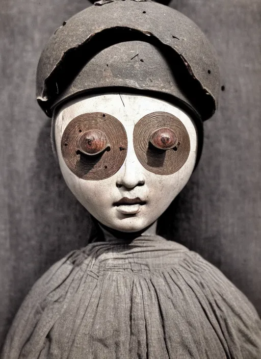 Image similar to realistic photo of a a medieval antique old wooden of a girl doll sculpture dressed white spherical hat helmet, covered in eyes pattern, greyscale grain 1 9 9 0, life magazine photo, natural colors, metropolitan museum, kodak