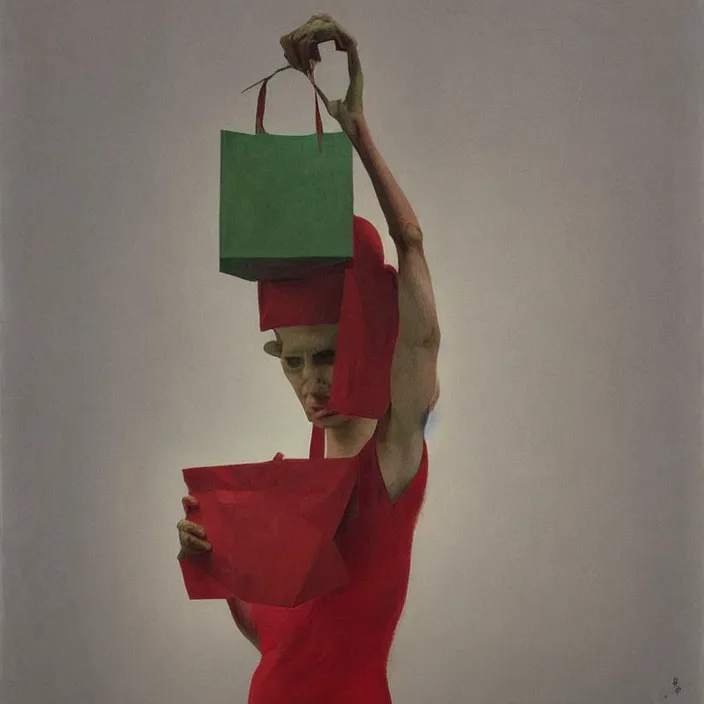 Image similar to melting portrait with a white paper bag over the head, dressed in red paper bags, holding stack of green paper bags, highly detailed, artstation, art by edward hopper, zdislav beksinski, wayne barlowe, edward hopper