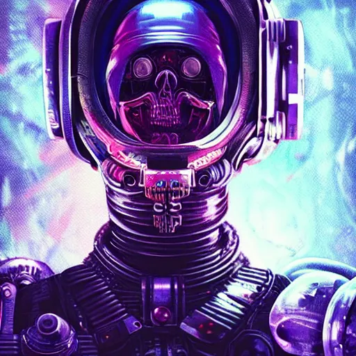 Image similar to portrait of a space pirate skull. intricate abstract. cyberpunk, vhs glitch. iridium visor, full face VR broken helmet. intricate artwork. nightmare fuel. terrifying ghost in the shell. empty oxygen tank. warhammer 40k crimes against humanity. sci-fi knight rider k2000 led. by Tooth Wu, wlop, beeple, dan mumford. octane render, trending on artstation, greg rutkowski very coherent symmetrical artwork. cinematic, hyper realism, high detail, octane render, 8k, iridescent accents, black and white