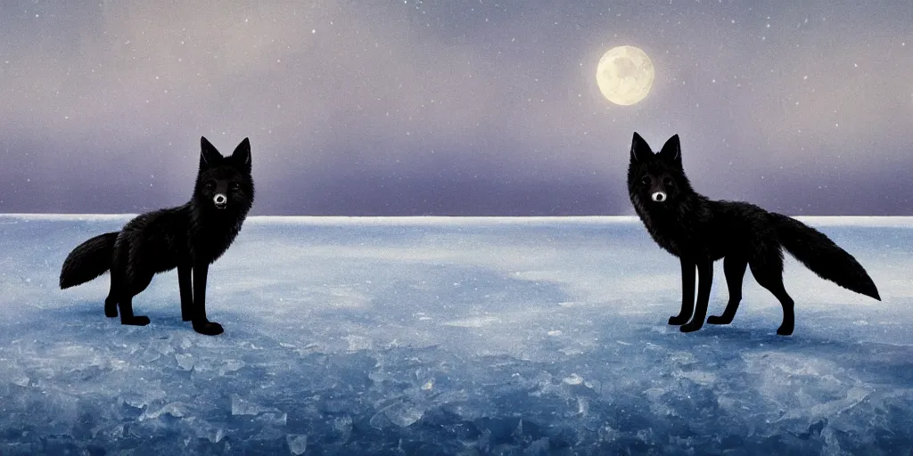 Prompt: distant wide angle shot of a beautiful black fox standing on a frozen lake of ice under the moonlight, highly detailed brush style, reflections, soft fur, two pointed ears, thick fluffy tail, beautiful lighting, wildlife, digital art, trending on ArtStation