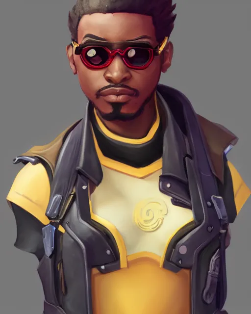 Prompt: overwatch concept art character portrait of a new character who is an african american man with rose - tinted sunglasses spectacles, trending on artstation, cgsociety,