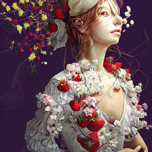 Image similar to the portrait of an absurdly beautiful, graceful, elegant, sophisticated, fashionable woman made of strawberries and white petals looking down, an ultrafine hyperdetailed illustration by kim jung gi, irakli nadar, intricate linework, bright colors, octopath traveler, final fantasy, unreal engine 5 highly rendered, global illumination, radiant light, detailed and intricate environment