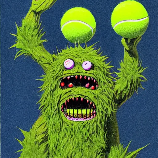 Image similar to a tennis ball monsters ,Scotland, digital art, fantasy, magic, trending on artstation, ultra detailed, professional illustration by Basil Gogos
