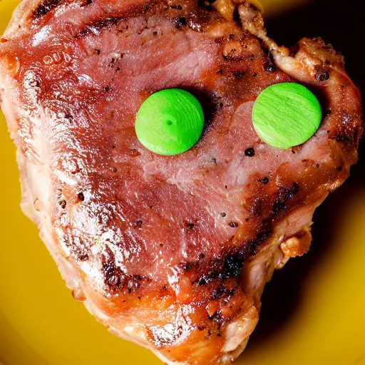 Image similar to pork chop made out of clay from the tv show gumby. macro photo. highly realistic. 4 k