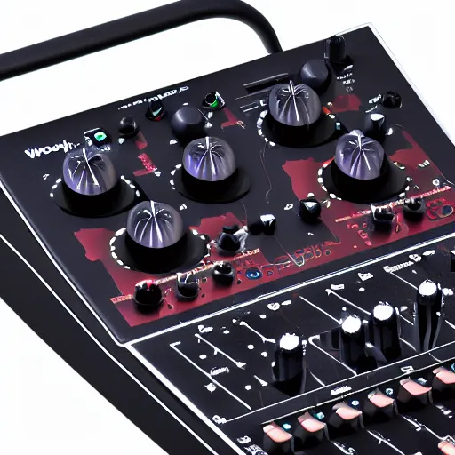 Image similar to high quality hd macro photo of the new woogyploog synthesizer, utilizing state of the art neural laserbeam synthesis, product shot, crisp defined edges, knobs and dials, 4k photo, promo image, bokeh