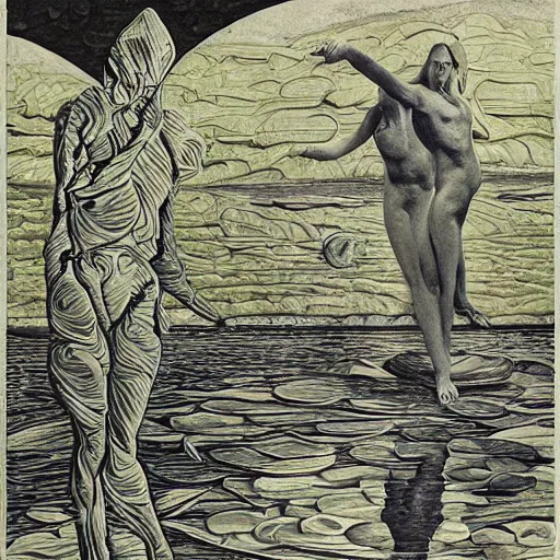 Prompt: martian impressionist photorealistic lake line tuna mulberry archangel puddle , by Richard Dadd and Mikhail Larionov and Evard Munch , An ink drawing , Low poly , masterpiece