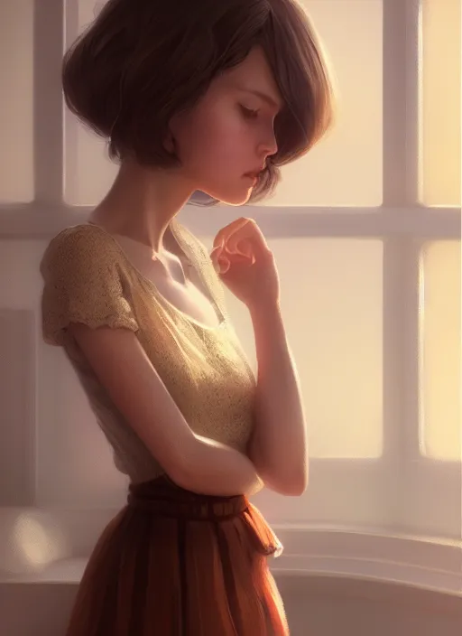 Prompt: a beautiful brown - haired girl with a summer dress in cafe, intricate, elegant, highly detailed, digital painting, artstation, concept art, smooth, sharp focus, illustration, ethereal, misty, by ilya kuvshinov and jeremy mann, 8 k, octane render