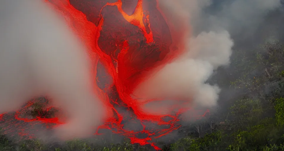 Prompt: a volcano made of ivory vines and crimson rocks enters in eruption, it spits a smoke in the shape of demonic eye, from Warcraft