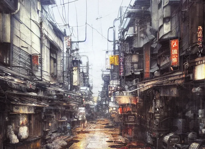 Prompt: street in osaka, jpeg artefacts on canvas, by seb mckinnon and james gurney and greg rutkowski, highly detailed, pov