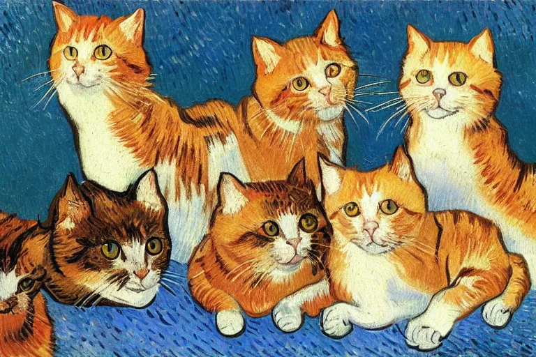 Prompt: beautiful art illustration of a group of cats by van gogh, oil painting, highly detailed