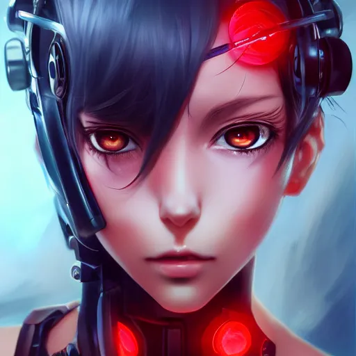 Image similar to A realistic anime painting of a beautiful cyborg woman with glowing red eyes. digital painting by Stanley Artgerm Lau, Sakimichan, WLOP, Makoto Shinkai, Rossdraws, Pixivs, digital painting. trending on Pixiv. SFW version —H 1024