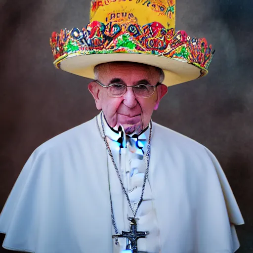 Image similar to pope john paul the 2 nd wearing a sombrero holding a taco, ( sony a 7 r iv, symmetric balance, polarizing filter, photolab, lightroom, 4 k, dolby vision, photography awardm, voque, perfect face )