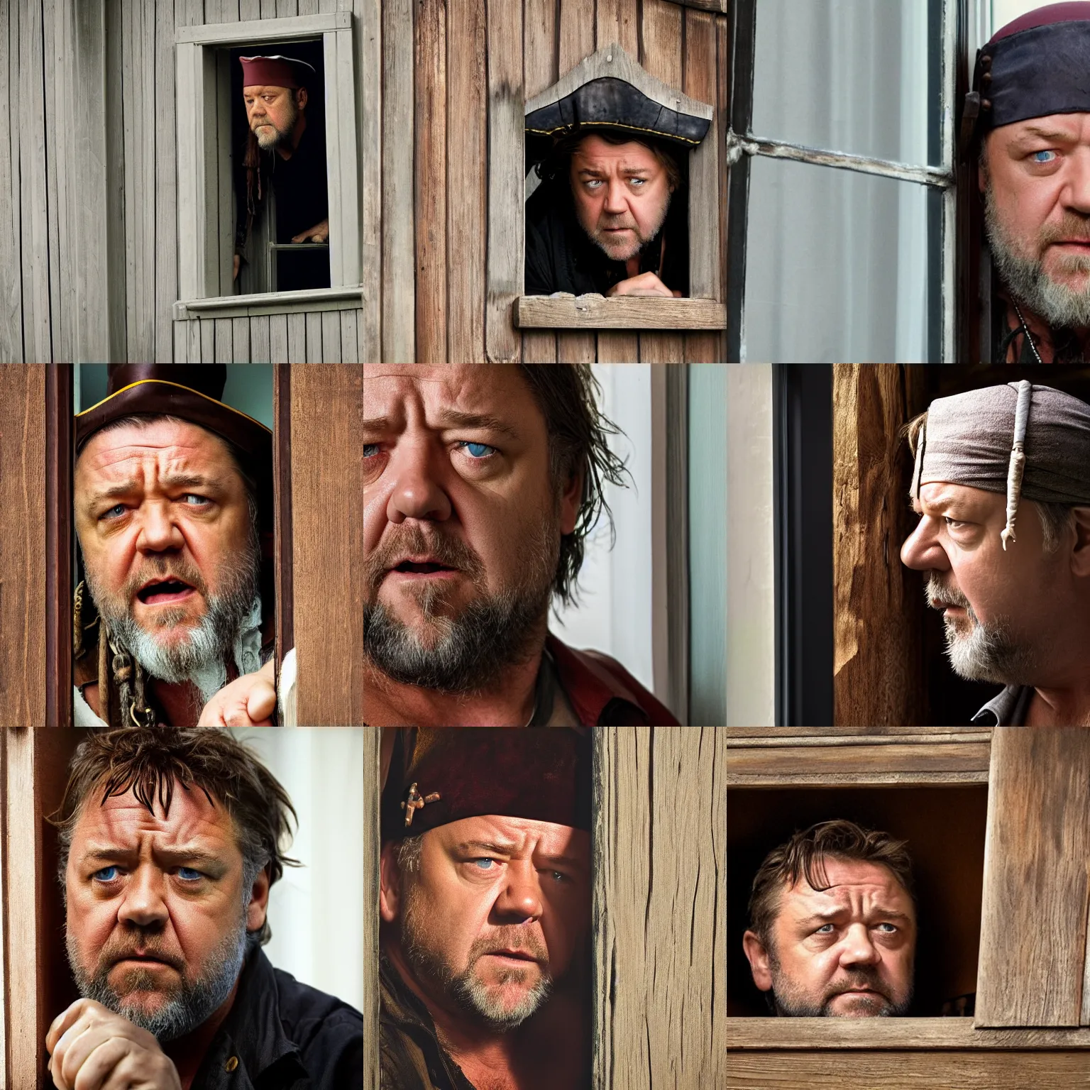 Prompt: concerned russell crowe with pirate hat peering out from a small window, wooden wall