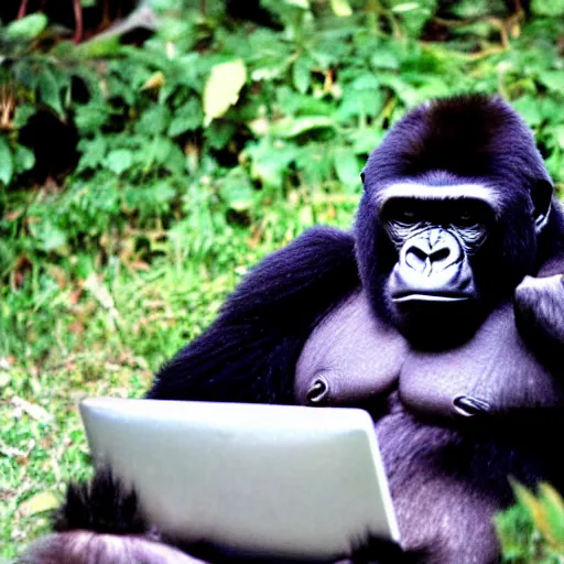 Prompt: a gorilla using a 9 0's computer to surf the internet