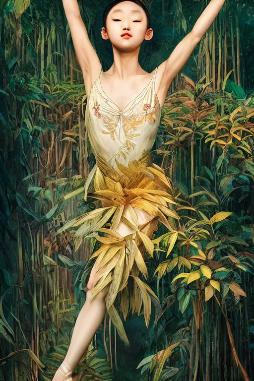 Prompt: stunningly beautiful, asian prima ballerina in jungle, symmetrical face, golden hour, smooth, focus, highly detailed, hyper realistic, dramatic lighting, elegant, intricate, concept art, art by wlop, mars ravelo, greg rutowski