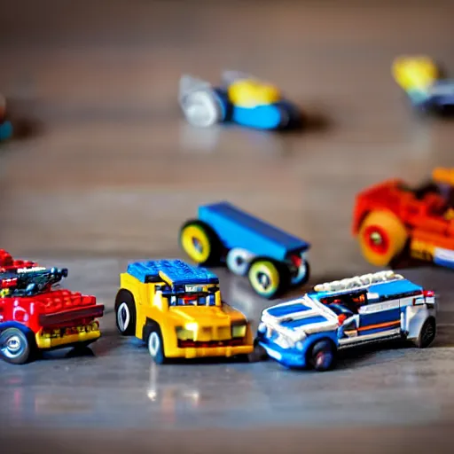 Prompt: tilt-shift photography of a group of Hotwheels cars racing on a hardwood floor, Lego minifigures are cheering them on in the background