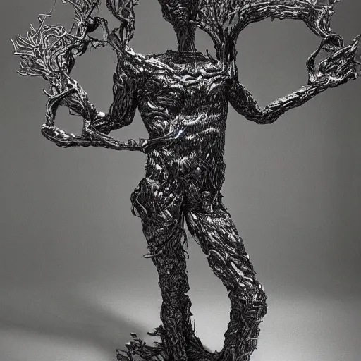 Image similar to a human man statue stuck in a cosmic tree, a sense of awe, amazement, monogon, plasma display, wooden, silver, mercury, damascus, armature wire, multiscopy, morph, in a symbolic and meaningful style, insanely detailed and intricate, hypermaximalist, elegant, ornate, hyper realistic, super detailed,