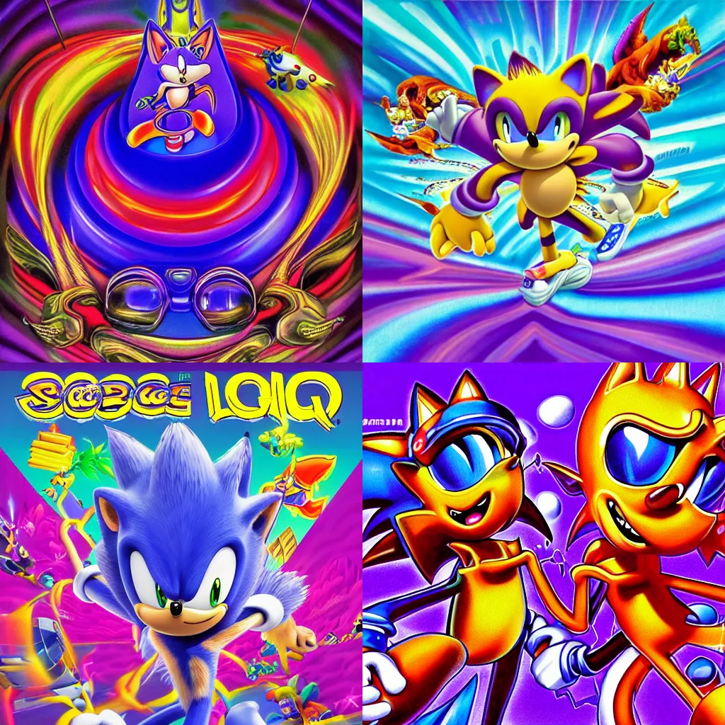Prompt: surreal, sharp, detailed professional, high quality airbrush art MGMT album cover of a liquid dissolving LSD DMT sonic the hedgehog, purple checkerboard background, 1990s 1992 Sega Genesis video game box art Sonic