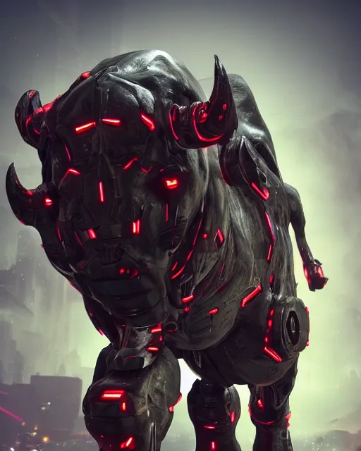 Prompt: a full body shot of an imposing cyborg ( bull ) modeled after a bull looking into the camera, android, cyborg, full body shot, intricate, 3 d, hyper realism, symmetrical, octane render, strong bokeh, fantasy, highly detailed, depth of field, digital art, artstation, red, concept art, cinematic lighting, trending