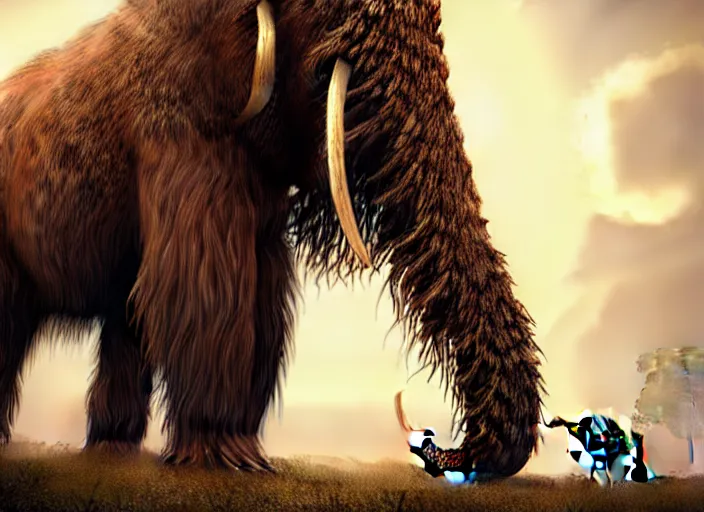 Image similar to hyperrealism, detailed textures, photorealistic, 3 d render, a surreal mystical wooly mammoth grazing, ultra realistic cinematic, intricate, cinematic light, concept art, illustration, art station, unreal engine