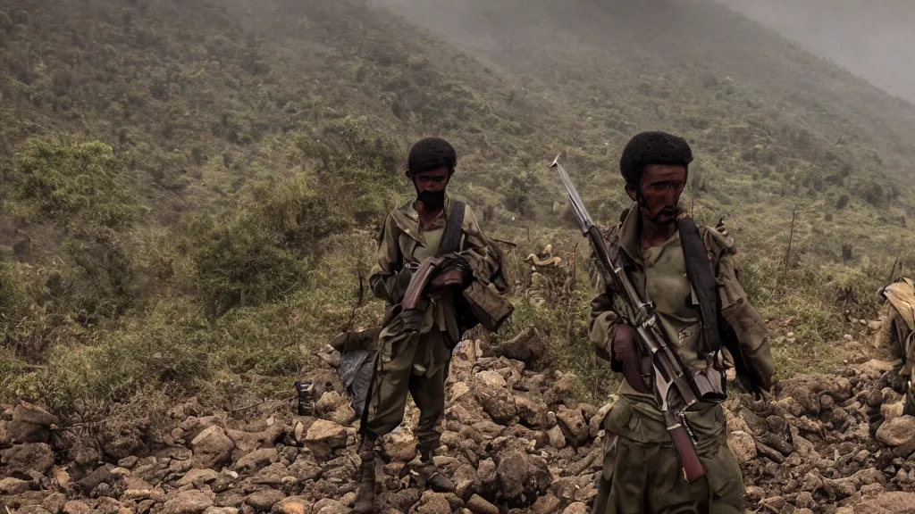 Image similar to Ethiopian civil war and guerilla army in the mountains, moody, dark, movie scene, hd, 4k, wide shot