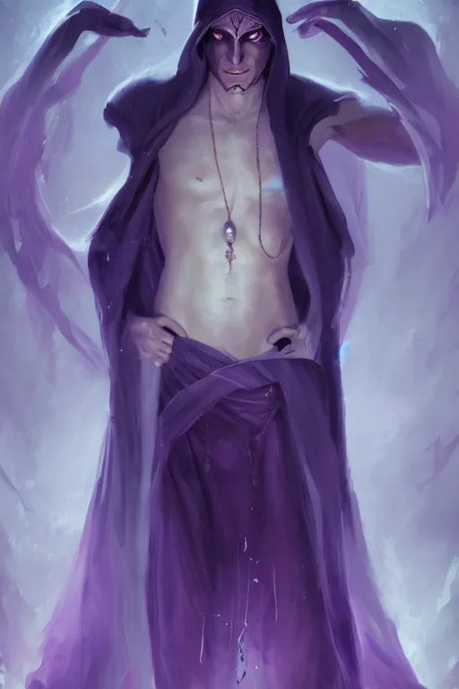 Image similar to djinn man male demon, portrait, full body character, concept art, purple cloak, single face, illustration, white horns, single face, cinematic color grading, editorial photo, fashion, hyperrealism, trending on artstation, Charlie Bowater, WLOP