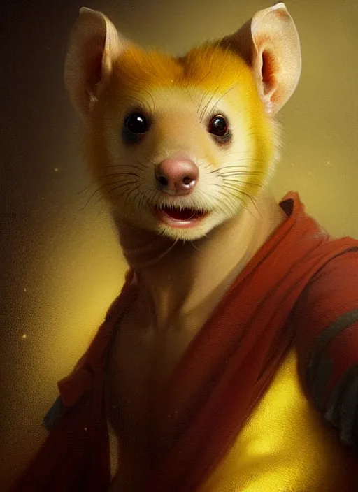 Image similar to a beautiful closeup shot from a fantasy film of a humanoid ferret with yellow eyes wearing a loose tunic. an anthropomorphic ferret with gold eyes. portrait. joseph ducreux, greg rutkowski.