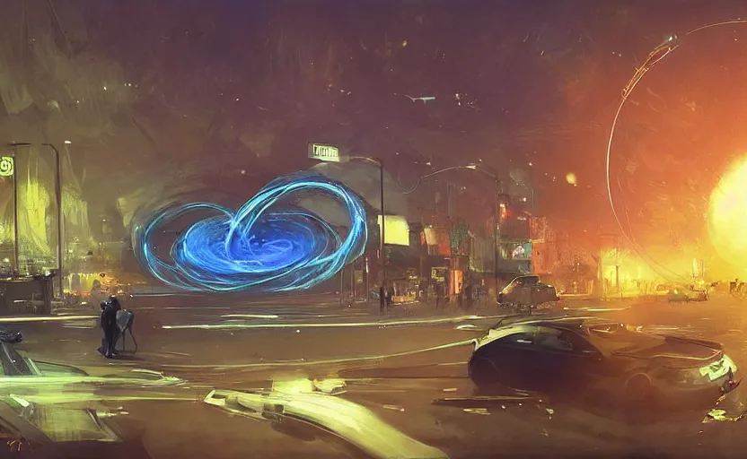 Image similar to people with posters attacking cops, a huge blue spiral - shaped white luminous attractor is floating on the horizon near the sun, stores in los angeles with light screens all over the street, concept art, art for the game, professional lighting, dark night lighting from streetlights, by ilya repin