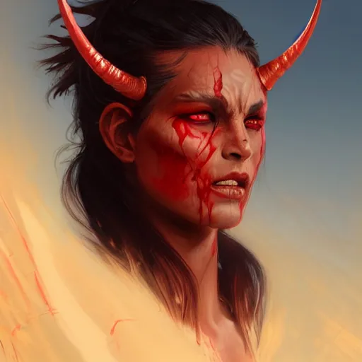 Prompt: portrait of a strong bloodthirsty female berber tiefling barbarian with red skin, devil horns and black hair in a ponytail in a desert, fantasy, highly detailed, digital painting, artstation, concept art, character art, art by greg rutkowski and tyler jacobson and alphonse mucha