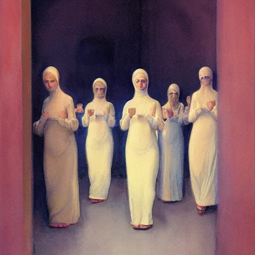 Image similar to procession of women in a soviet temple, dripping watercolor by gottfried helnwein, by hammershøi, highly detailed, art nouveau wallpaper, lights by edward hopper, liminal, eerie, pastel colors, limited palette