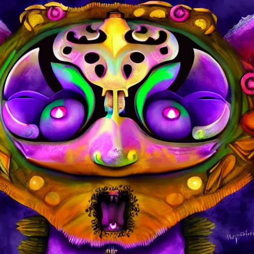 Prompt: cute visionary majoras mask deity creature, ultra detailed, black background, digital art painting