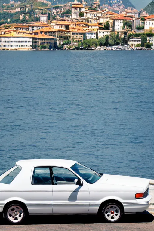 Image similar to Photo of a white 1997 Ford AU Falcon parked on a dock with Lake Como in the background, wide shot, daylight, blue sky, summer, dramatic lighting, award winning, highly detailed, 1980s, luxury lifestyle, fine art print, best selling.