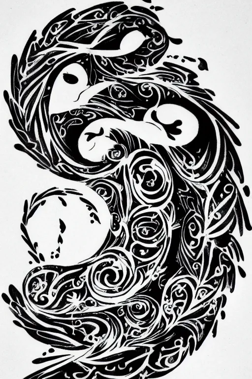 Image similar to a simple tattoo design of birds flying in a 8 spiral, black ink, logo