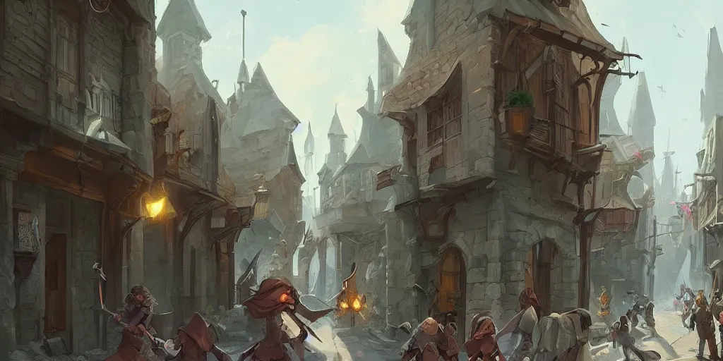 Image similar to an exciting fantasy street battle within a fascinating old city, narrow streets, old buildings, by Sylvain Sarrailh, cinematic, simple but effective composition, clean lines, beautiful digital painting, oil painting, great character design, dungeons and dragons, lord of the rings, close up character, fantasy races