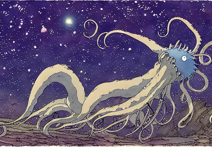 Image similar to a simple watercolor studio ghibli movie still fantasy concept art of a giant squid from princess mononoke ( 1 9 9 7 ) in stonehenge. it is a misty starry night. by rebecca guay, michael kaluta, charles vess