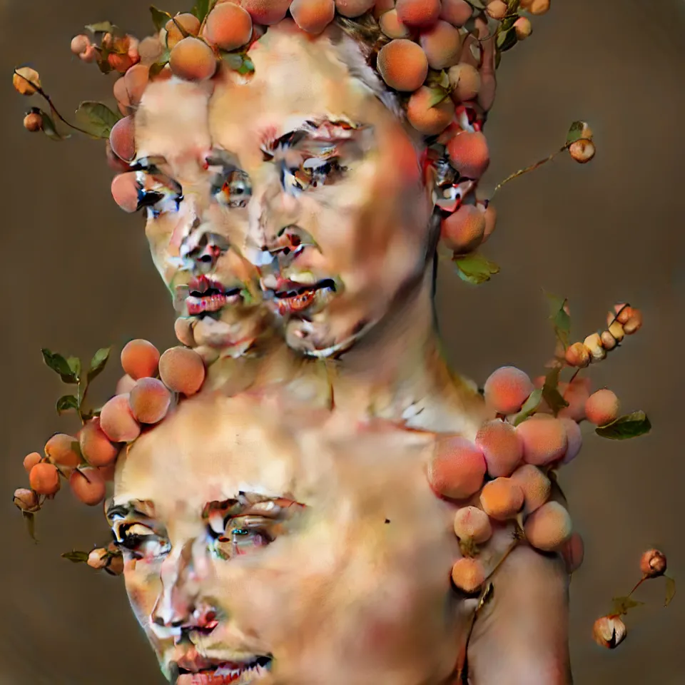 Image similar to A portrait of elegant Queen of peach fruits fairies, skin made of pale human skin. Soft details. Wide angle. clear eyes. Octane Render. art nouveau. 4k. 8k. UHD. Detailed. Trending on artstation. Bokeh.