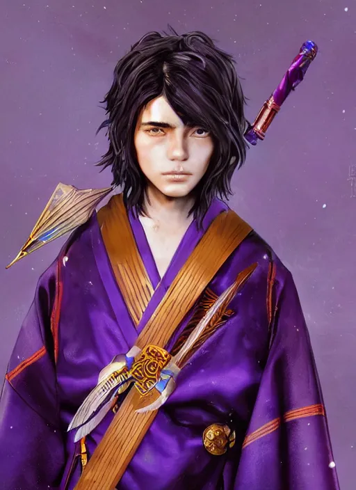 Image similar to An epic fantasy comic book style portrait painting of teenager boy with straight indigo hair, purple eyes with red eye markers, slim body, wearing a detailed Japanese kimono with golden armor pieces, holding a japanese fan. Unreal 5, DAZ, hyperrealistic, octane render, cosplay, RPG portrait, dynamic lighting