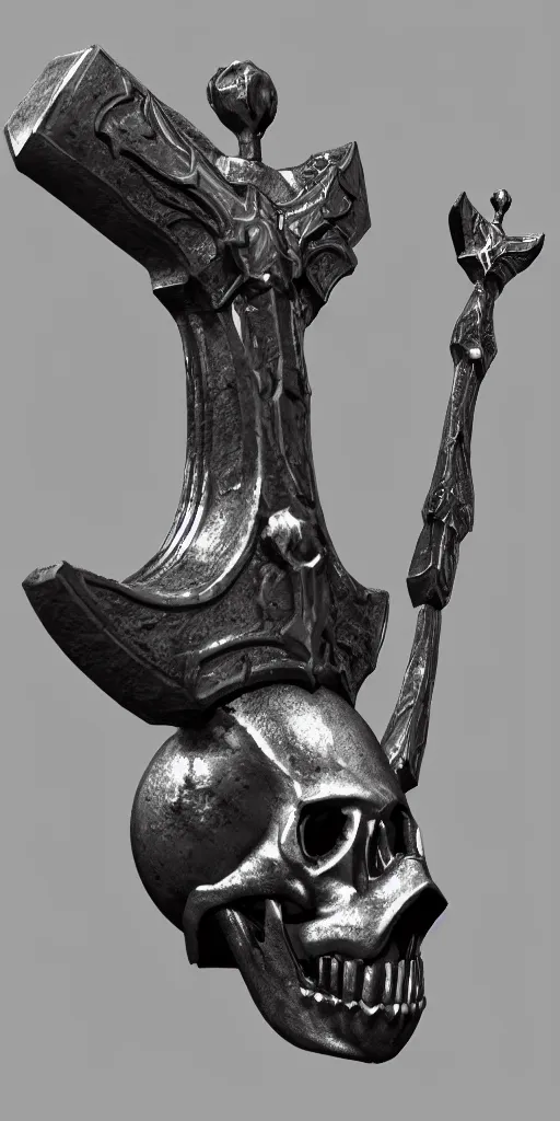 Image similar to a black and silver axe skull crest, ornament, weapon, render by dom qwek, trending on polycount, artstation, hard surface modeling