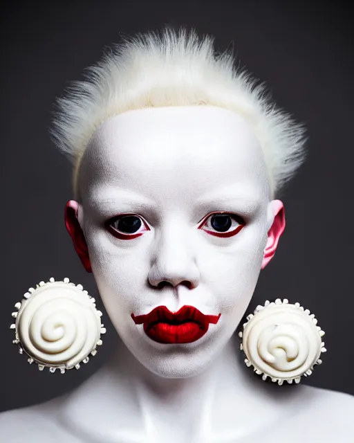 Image similar to symmetrical portrait of an albino woman wearing a silicone diamond studded red beauty mask and white hair buns, wearing a black bodysuit by alexander mcqueen, cream white background, soft diffused light, biotechnology, humanoid robot, bjork aesthetic, translucent, by rineke dijkstra, intricate details, highly detailed, masterpiece,