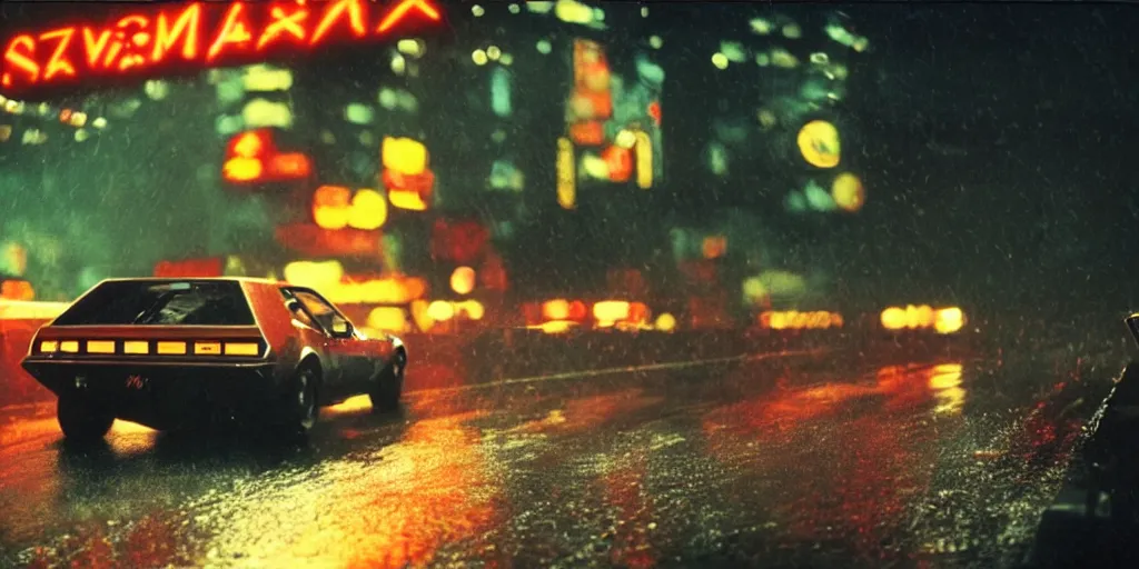 Image similar to a single amc amx / 3, speeding down tokyo highway in the rain, night time, neon lights, thunderstorm, movie still from the film bladerunner