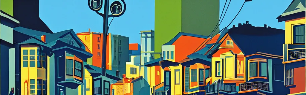 Image similar to san francisco sloped street, gouache, animated film, stylised, illustration, by eyvind earle, scott wills, genndy tartakovski, syd mead