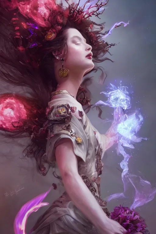 Image similar to beautiful girl necromancer, witch - doctor exploding into flowers fire crystal dress, angels, 3 d render, hyper - realistic detailed portrait, holding fire and electricity, ruan jia, wlop. scifi, fantasy, magic the gathering, hyper detailed, octane render, concept art by artgerm, peter mohrbacher