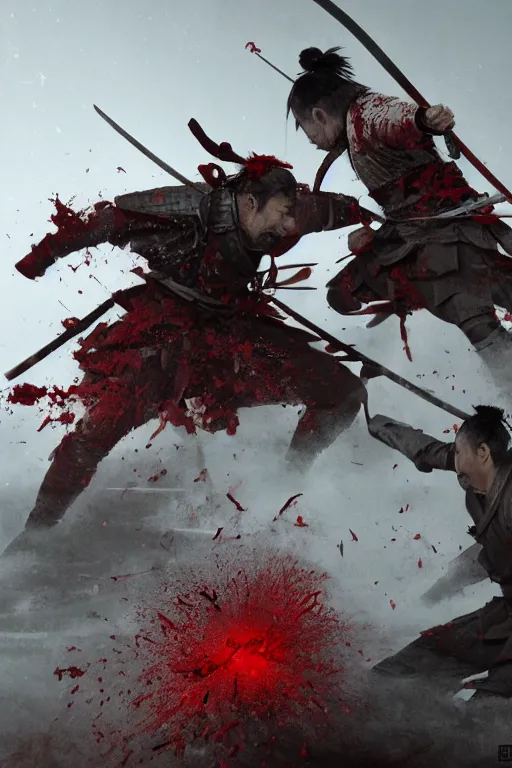 Prompt: a close up shit of the bloodiest samurai battle in history. Two samurai dueling, many dead with Sashimono. Greg rutkowski legendary matte painting.. 4k, particles light,