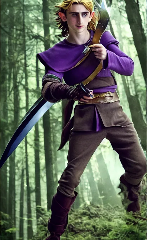 Image similar to Timothee Chalamet starring as Link from Legend of Zelda, movie scene, elf ears, long blonde hair, +++ super super super dynamic posing, thick eyebrows, super serious facial expression, holding a sword & shield, ocarina of time movie, concept photos, dynamic lighting, dynamic shaders, purple light, in the forest