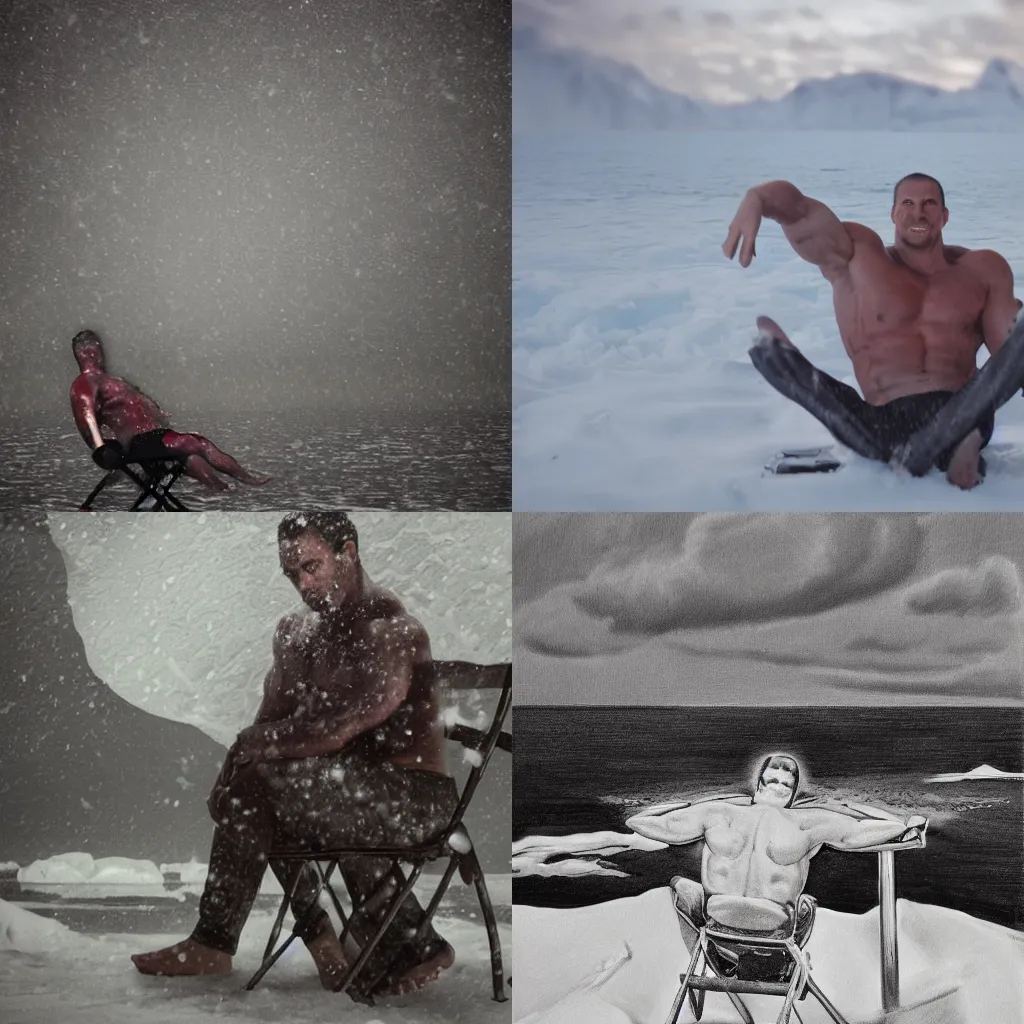 Prompt: photorealistic picture of a muscular man in swimwear lying in a folding chair in the arctic during a snowstorm