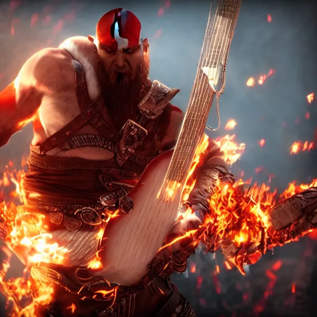 Prompt: sunglasses wearing kratos rocking out on the guitar of flaming chaos, cinematic render, god of war 2 0 1 8, playstation studios official media, sunglasses, lightning