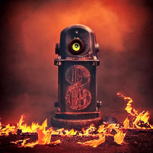 Image similar to heavy metal album cover featuring a fire hydrant surrounded by flames